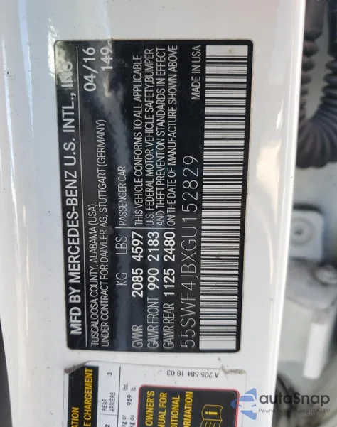 2016 Mercedes-Benz C 300 from USA, damaged, VIN 55SWF4JBXGU152829